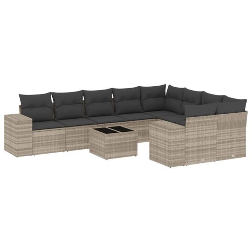 10 részes világosszürke polyrattan kerti ülőgarnitúra párnákkal