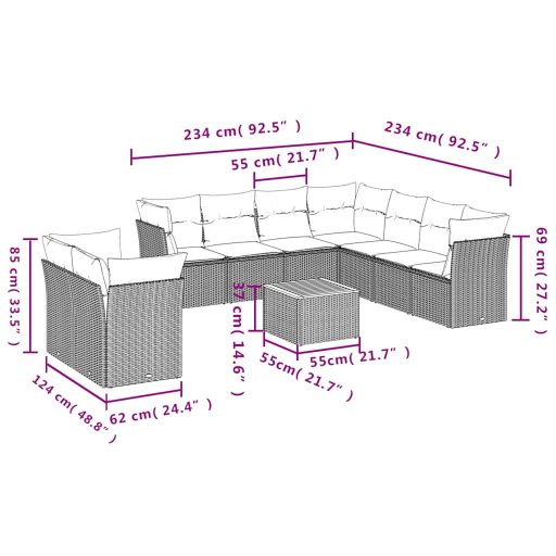 10 részes szürke polyrattan kerti ülőgarnitúra párnákkal
