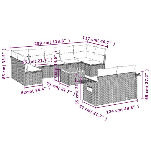 10 részes szürke polyrattan kerti ülőgarnitúra párnákkal