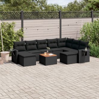   10 részes fekete polyrattan kerti ülőgarnitúra párnákkal