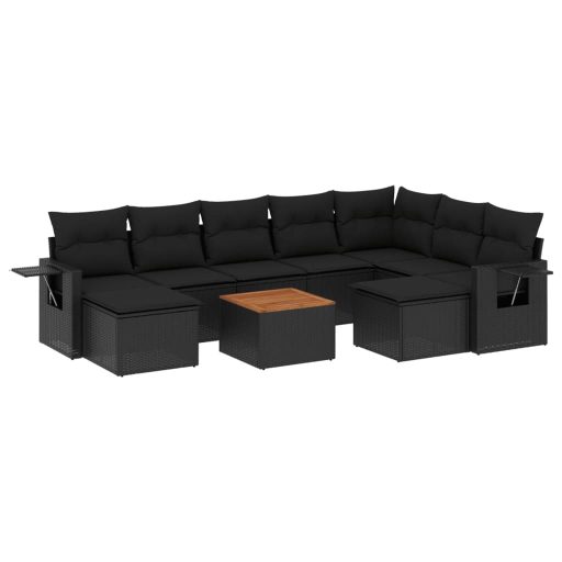 10 részes fekete polyrattan kerti ülőgarnitúra párnákkal