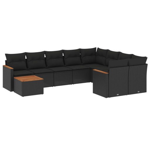 10 részes fekete polyrattan kerti ülőgarnitúra párnákkal