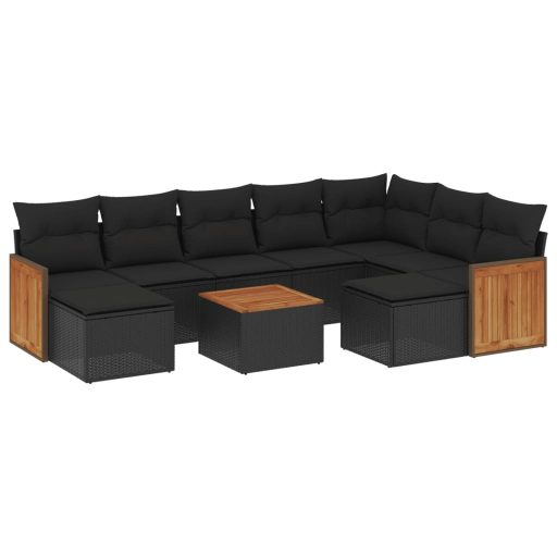 10 részes fekete polyrattan kerti ülőgarnitúra párnákkal