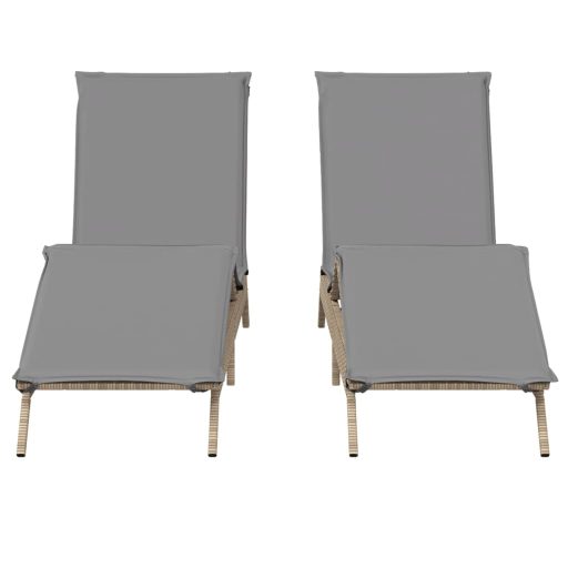 2 db bézs polyrattan napozóágy párnával