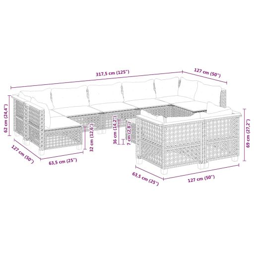 10 részes bézs polyrattan kerti ülőgarnitúra párnával