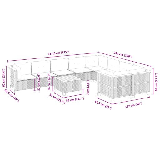 10 részes fekete polyrattan kerti ülőgarnitúra párnákkal