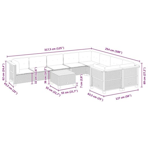 10 részes bézs polyrattan kerti ülőgarnitúra párnával