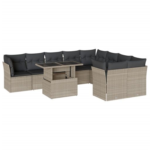 10 részes világosszürke polyrattan kerti ülőgarnitúra párnákkal
