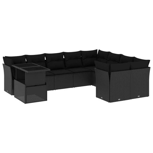 10 részes fekete polyrattan kerti ülőgarnitúra párnákkal