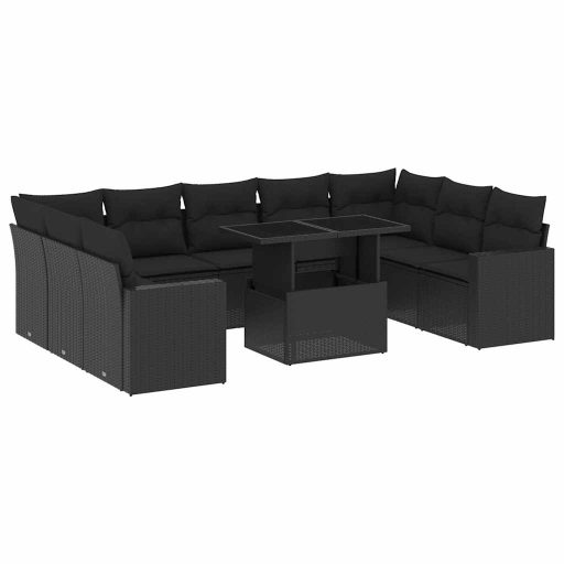 10 részes fekete polyrattan kerti ülőgarnitúra párnákkal