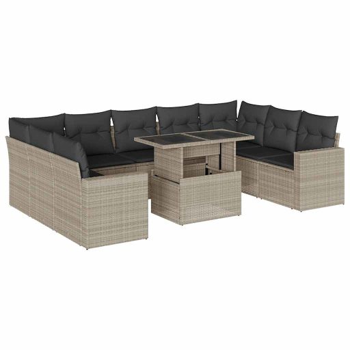 10 részes világosszürke polyrattan kerti ülőgarnitúra párnákkal