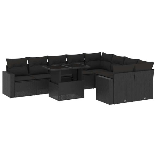 10 részes fekete polyrattan kerti ülőgarnitúra párnákkal