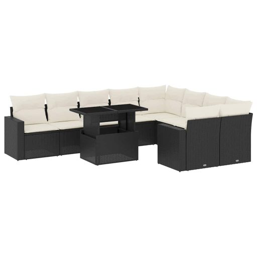 10 részes fekete polyrattan kerti ülőgarnitúra párnákkal