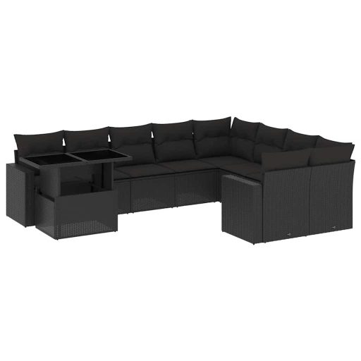 10 részes fekete polyrattan kerti ülőgarnitúra párnákkal