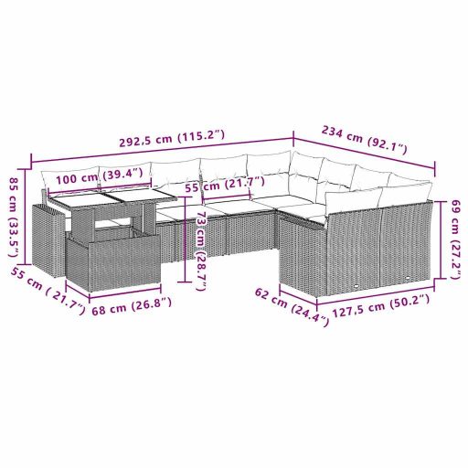 10 részes fekete polyrattan kerti ülőgarnitúra párnákkal