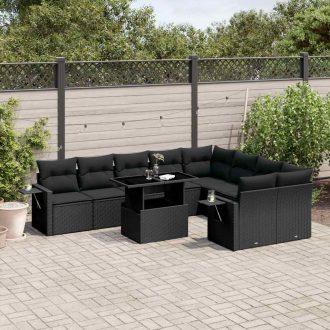   10 részes fekete polyrattan kerti ülőgarnitúra párnákkal