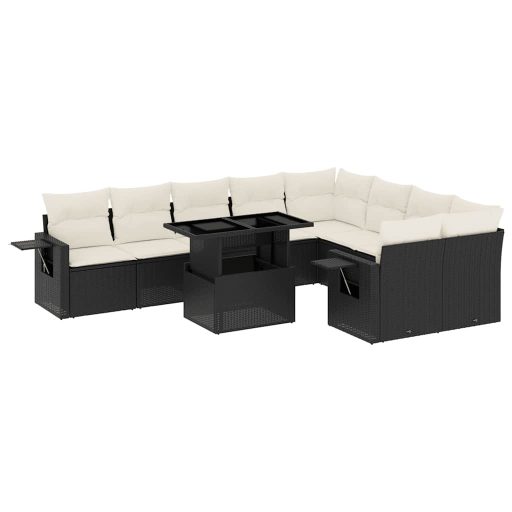 10 részes fekete polyrattan kerti ülőgarnitúra párnákkal