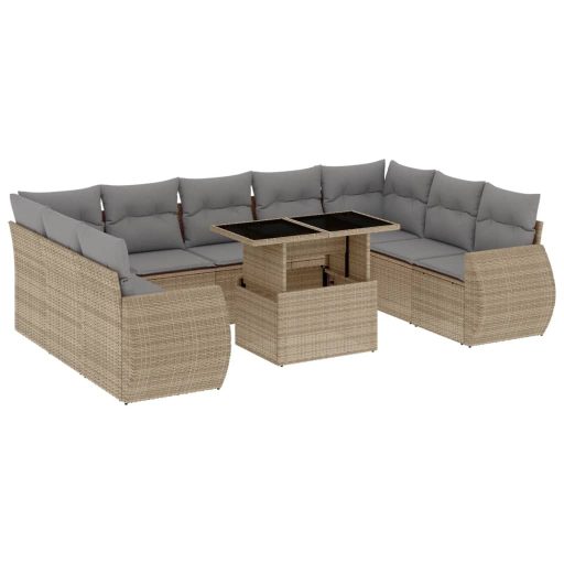 10 részes bézs polyrattan kerti ülőgarnitúra párnával