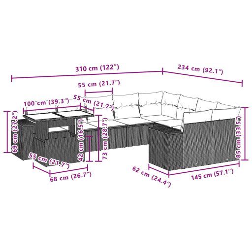 10 részes bézs polyrattan kerti ülőgarnitúra párnával
