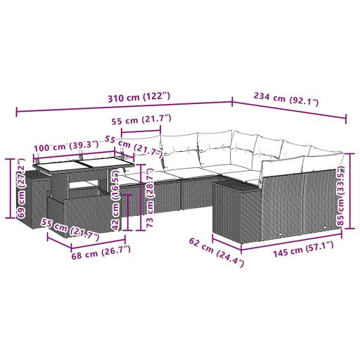 10 részes barna polyrattan kerti ülőgarnitúra párnákkal