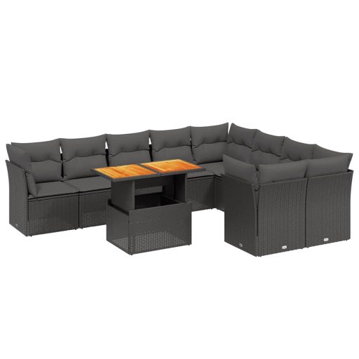 10 részes fekete polyrattan kerti ülőgarnitúra párnákkal