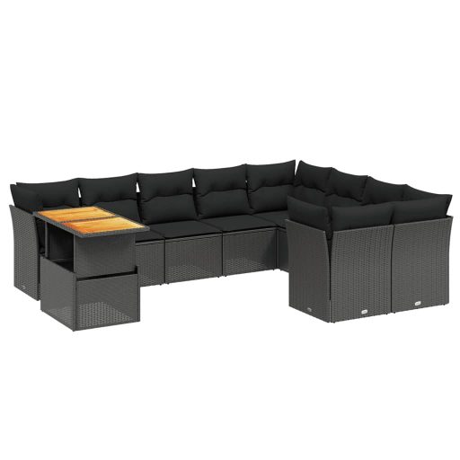 10 részes fekete polyrattan kerti ülőgarnitúra párnákkal
