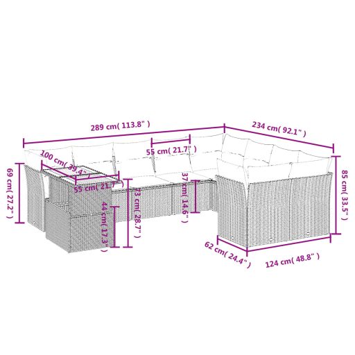 10 részes fekete polyrattan kerti ülőgarnitúra párnákkal