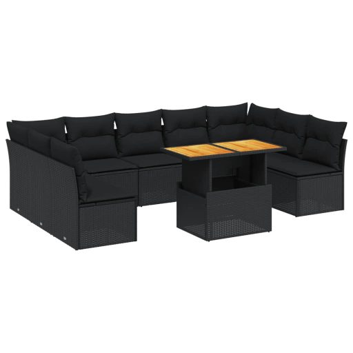 10 részes fekete polyrattan kerti ülőgarnitúra párnákkal