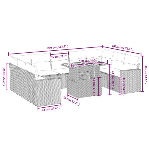 10 részes fekete polyrattan kerti ülőgarnitúra párnákkal