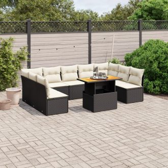   10 részes fekete polyrattan kerti ülőgarnitúra párnákkal