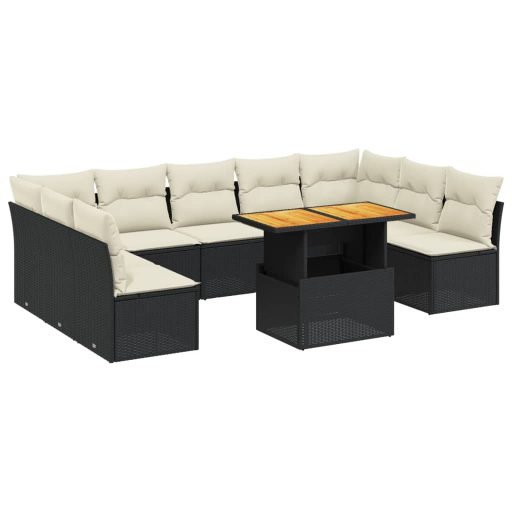 10 részes fekete polyrattan kerti ülőgarnitúra párnákkal