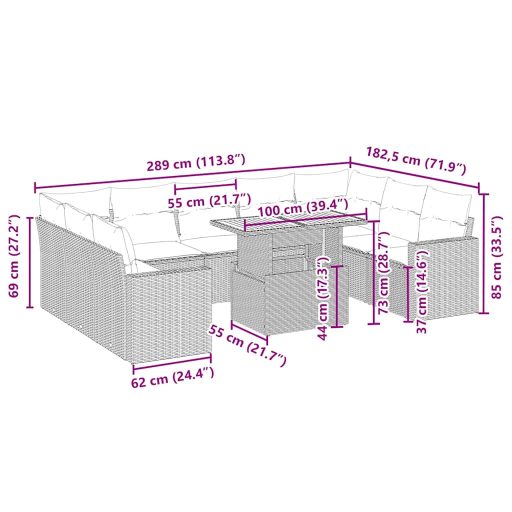 10 részes bézs polyrattan kerti ülőgarnitúra párnával