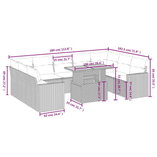 10 részes szürke polyrattan kerti ülőgarnitúra párnákkal
