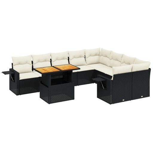 10 részes fekete polyrattan kerti ülőgarnitúra párnákkal