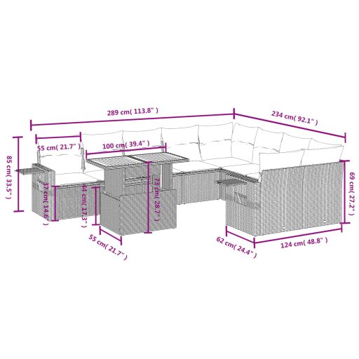 10 részes fekete polyrattan kerti ülőgarnitúra párnákkal