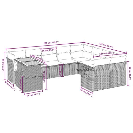 10 részes fekete polyrattan kerti ülőgarnitúra párnákkal