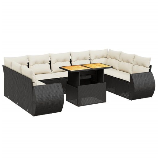 10 részes fekete polyrattan kerti ülőgarnitúra párnákkal