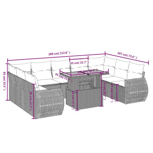 10 részes fekete polyrattan kerti ülőgarnitúra párnákkal