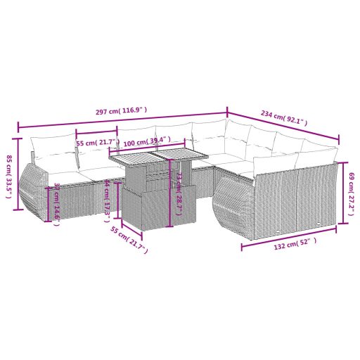 10 részes szürke polyrattan kerti ülőgarnitúra párnákkal