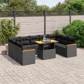   10 részes fekete polyrattan kerti ülőgarnitúra párnákkal