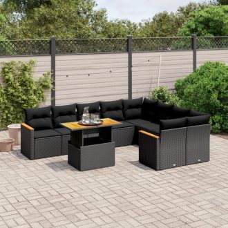   10 részes fekete polyrattan kerti ülőgarnitúra párnákkal