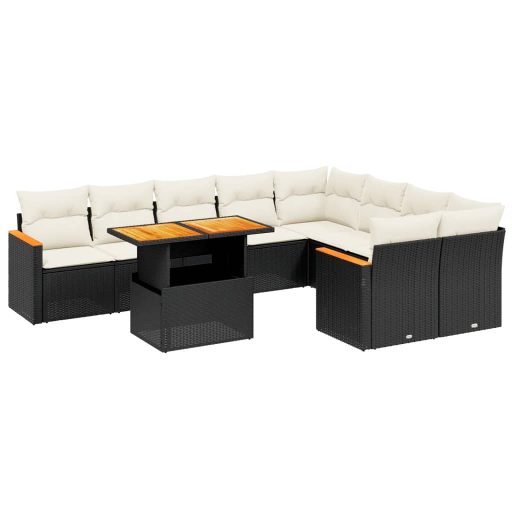 10 részes fekete polyrattan kerti ülőgarnitúra párnákkal
