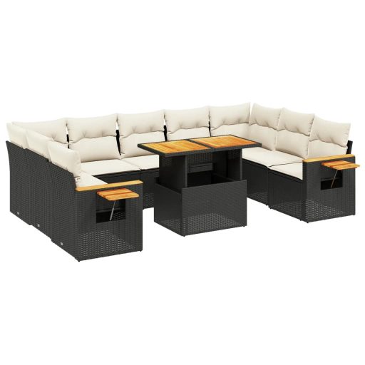 10 részes fekete polyrattan kerti ülőgarnitúra párnákkal