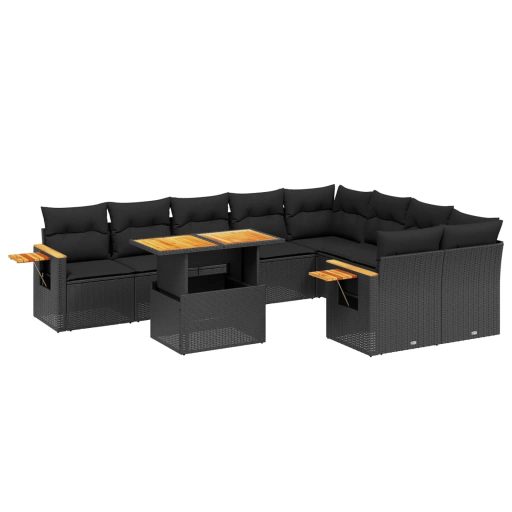 10 részes fekete polyrattan kerti ülőgarnitúra párnákkal