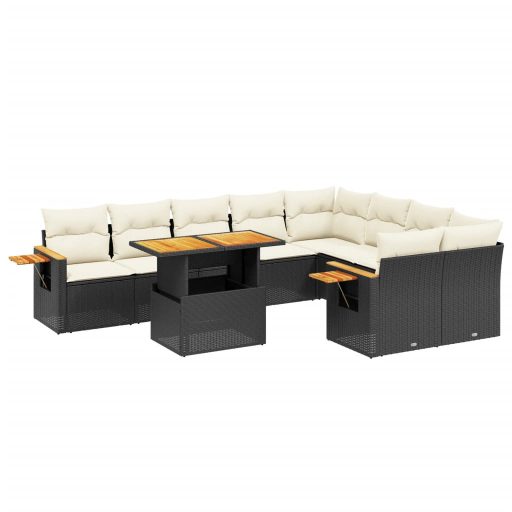 10 részes fekete polyrattan kerti ülőgarnitúra párnákkal