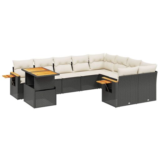 10 részes fekete polyrattan kerti ülőgarnitúra párnákkal