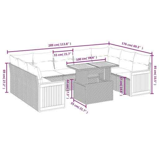 10 részes fekete polyrattan kerti ülőgarnitúra párnákkal