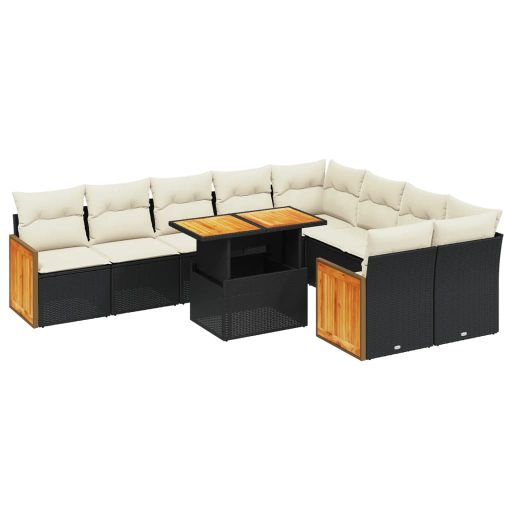 10 részes fekete polyrattan kerti ülőgarnitúra párnákkal