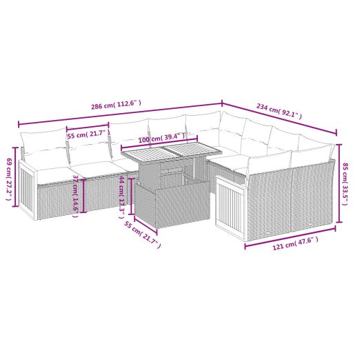 10 részes szürke polyrattan kerti ülőgarnitúra párnákkal