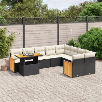   10 részes fekete polyrattan kerti ülőgarnitúra párnákkal
